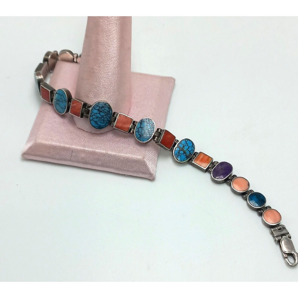 925 Sterling Silver Multi Colored Stone Bracelet 7.5 Inch